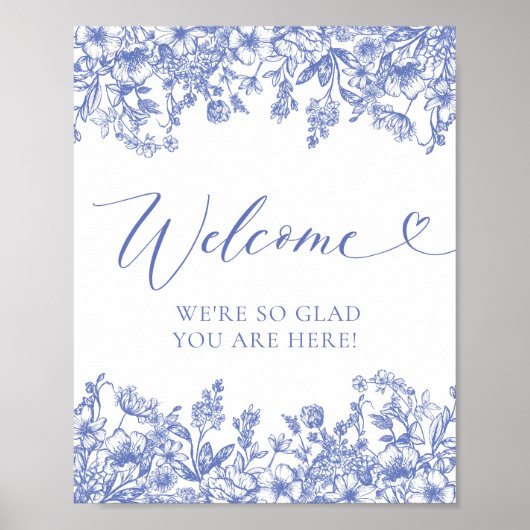Elegant Classic  Blauw Bloemen Welkomstbord Poster (Voorkant)