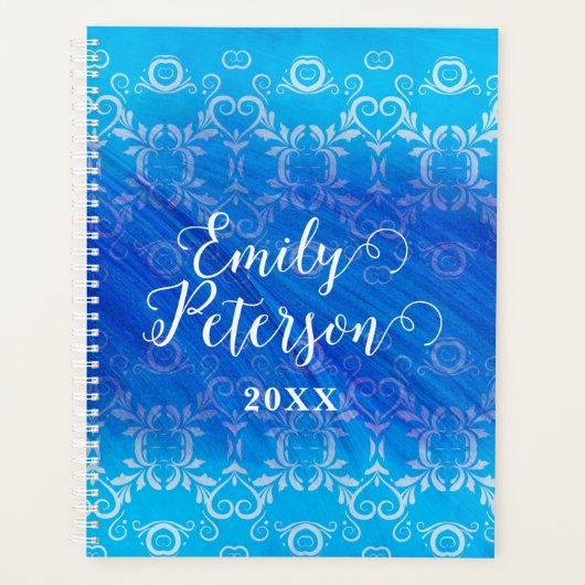 Elegant Classic Blue Damask Patroon Yarly Planner (Voorkant)