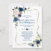 Elegant Classic Blue Pink Flowers Gold Wedding Kaart (Voorkant)