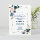 Elegant Classic Blue Pink Flowers Gold Wedding Kaart (Staand voorkant)