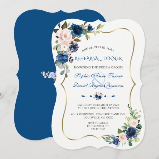 Elegant Classic Blue Pink Flowers Rehearsal Dinner Kaart (Voorkant / Achterkant)