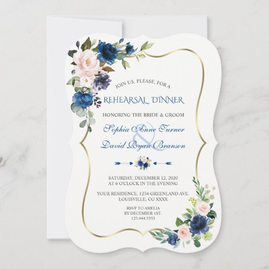 Elegant Classic Blue Pink Flowers Rehearsal Dinner Kaart (Voorkant)