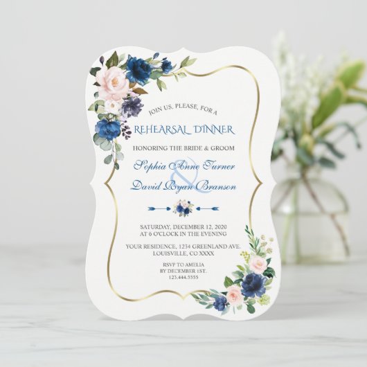 Elegant Classic Blue Pink Flowers Rehearsal Dinner Kaart (Staand voorkant)