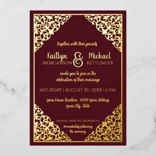 Elegant Classic  Burgundy Gold Foil Weddenschap Folie Uitnodiging (Voorkant)