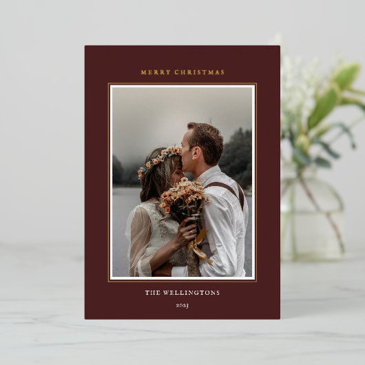 Elegant Classic Burgundy Red Lijst met kerstmis Folie Feestdagenkaart (Staand Voorkant)
