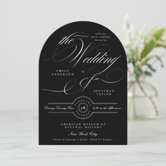 Elegant Classic Calligrafie Zwart Stropdas Trouwbo Kaart (Staand voorkant)