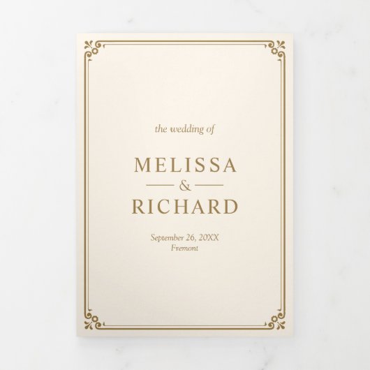 Elegant Classic Cream and Gold Monogram Weddenscha Drieluik Uitnodiging (Cover)