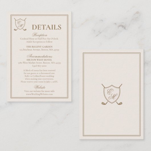 Elegant Classic Crest Monogram Golf Wedding Informatiekaartje (Voorkant / Achterkant)