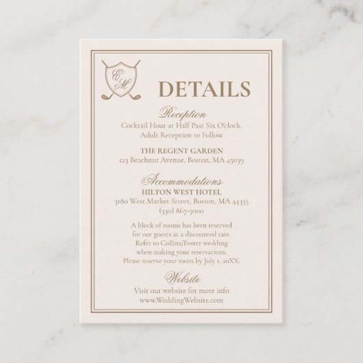 Elegant Classic Crest Monogram Golf Wedding Informatiekaartje (Voorkant)