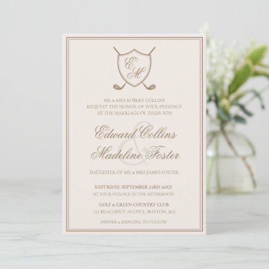 Elegant Classic Crest Monogram Golf Wedding Kaart (Staand voorkant)