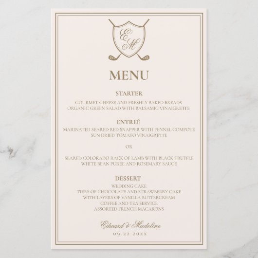 Elegant Classic Crest Monogram Golf Wedding Menu (Voorkant)