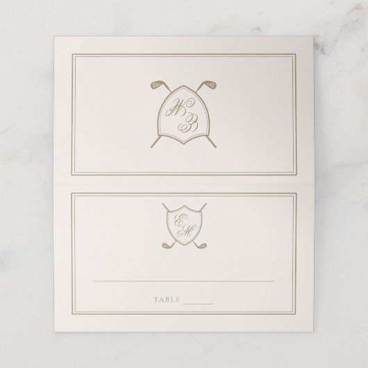 Elegant Classic Crest Monogram Golf Wedding Plaatskaartje (Buitenkant ongevouwen)