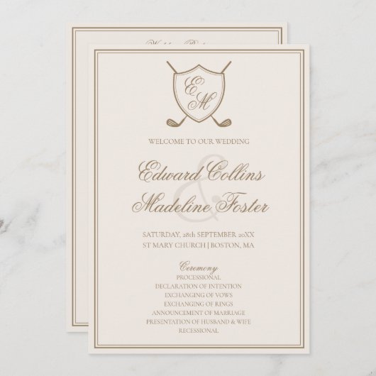 Elegant Classic Crest Monogram Golf Wedding Programmakaart (Voorkant / Achterkant)