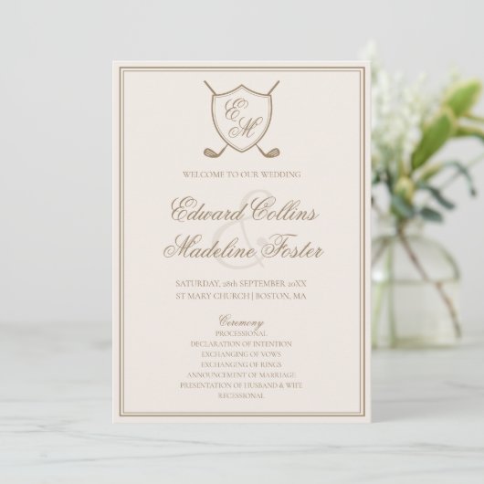 Elegant Classic Crest Monogram Golf Wedding Programmakaart (Staand voorkant)