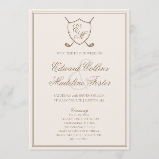 Elegant Classic Crest Monogram Golf Wedding Programmakaart (Voorkant)