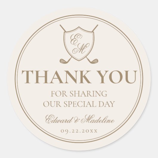 Elegant Classic Crest Monogram Golf Wedding Ronde Sticker (Voorkant)