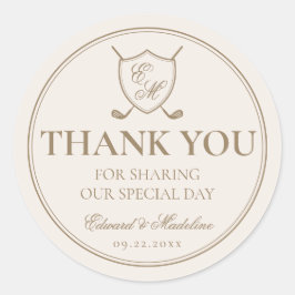 Elegant Classic Crest Monogram Golf Wedding Ronde Sticker
