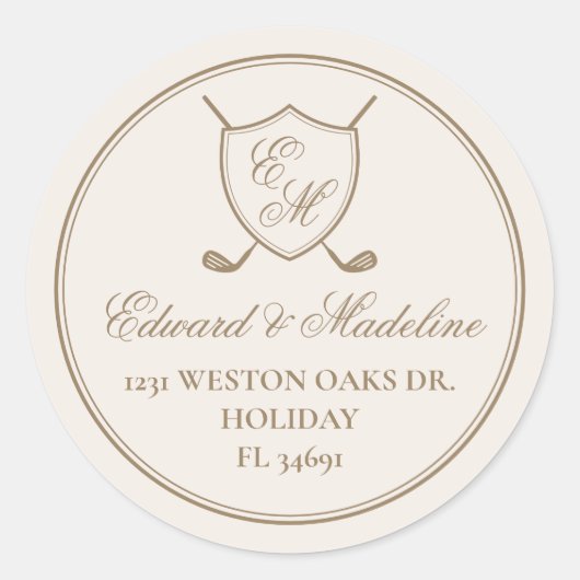 Elegant Classic Crest Monogram Golf Wedding Ronde Sticker (Voorkant)