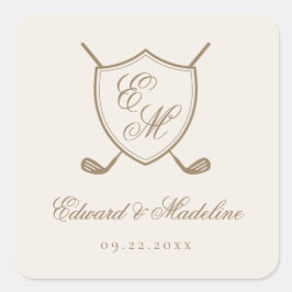 Elegant Classic Crest Monogram Golf Wedding Vierkante Sticker