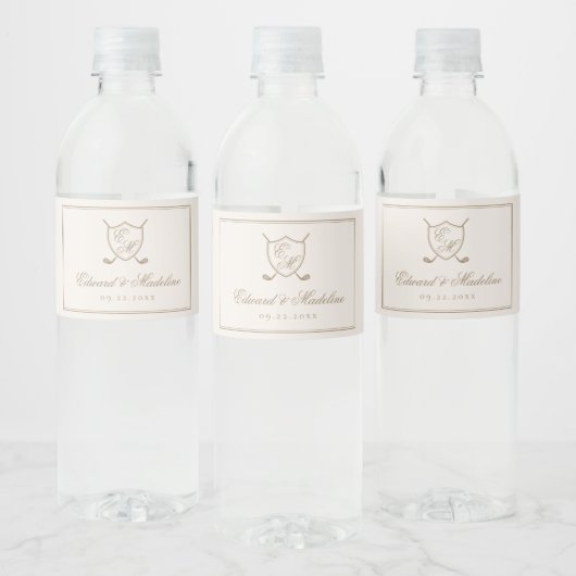 Elegant Classic Crest Monogram Golf Wedding Waterfles Etiket (Flessen)