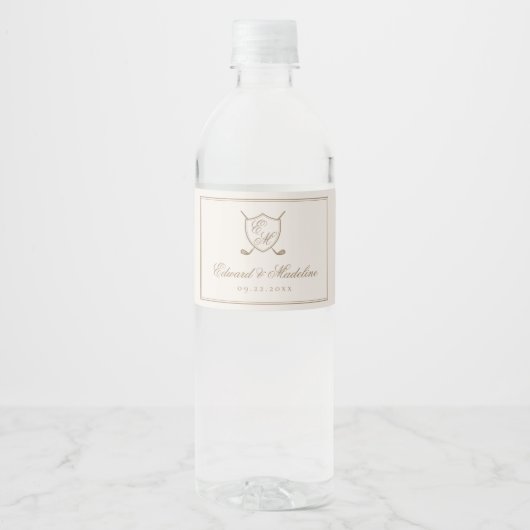 Elegant Classic Crest Monogram Golf Wedding Waterfles Etiket (Voorkant)