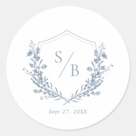 Elegant Classic Dusty Blue Monogram Crest Bruiloft Ronde Sticker