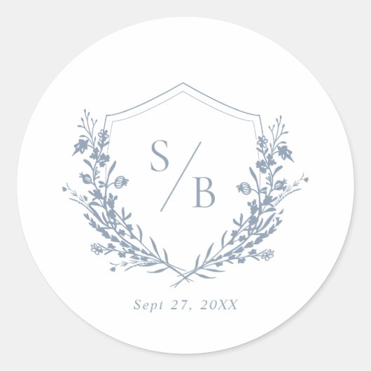 Elegant Classic Dusty Blue Monogram Crest Bruiloft Ronde Sticker (Voorkant)