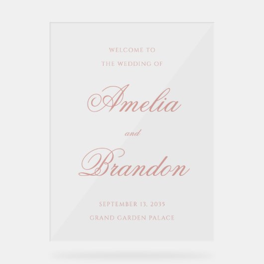 Elegant Classic Dusty Rose Script Wedding Welcome Acryl Bord (Voorkant)