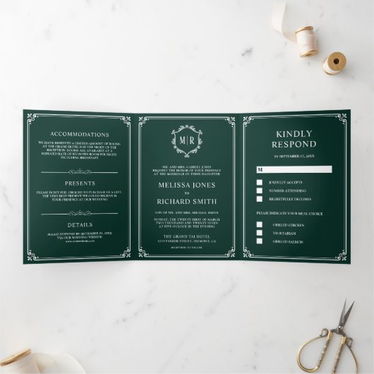 Elegant Classic Emerald Green Monogram Weddenschap Drieluik Uitnodiging (Binnen)