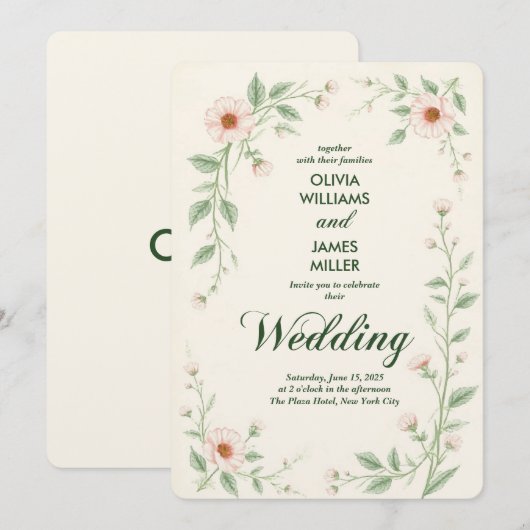 Elegant Classic Floral Wedding Invitation Kaart (Voorkant / Achterkant)