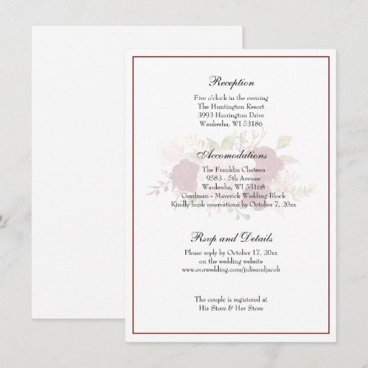 Elegant Classic Floral Wedding Reception Kaart (Voorkant / Achterkant)