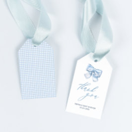 Elegant Classic Gingham Blue Bow Baby shower dank Cadeaulabel