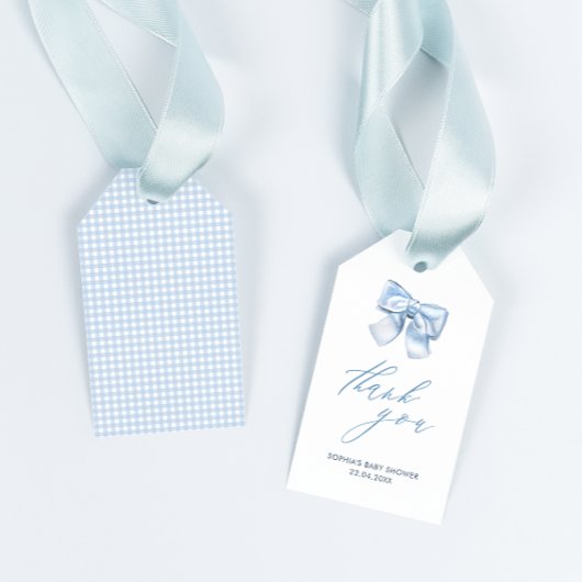 Elegant Classic Gingham Blue Bow Baby shower dank Cadeaulabel