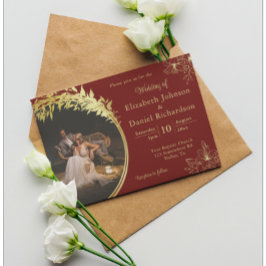 Elegant Classic Gold, Burgundy Photo Wedding Kaart