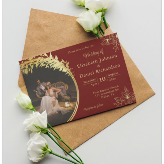 Elegant Classic Gold, Burgundy Photo Wedding Kaart