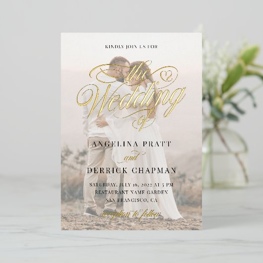 Elegant Classic Gold Foil Aangepaste fotokalligraf Folie Uitnodiging (Staand Voorkant)
