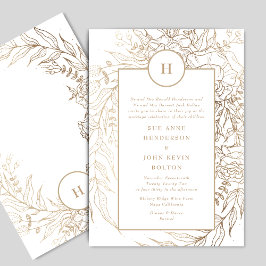 Elegant Classic Gold Foil Monogram WreatWedding Kaart