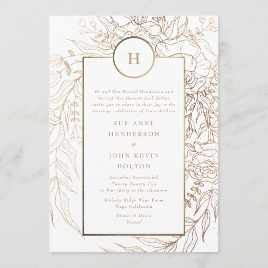 Elegant Classic Gold Foil Monogram WreatWedding Kaart (Voorkant)