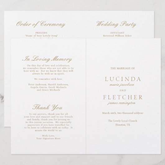 Elegant Classic Gold Formal Wedding Programme (Voorkant / Achterkant)
