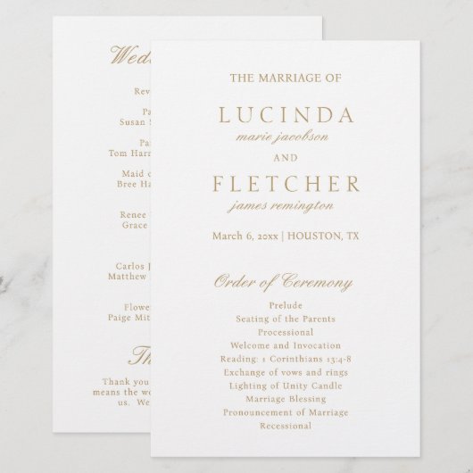 Elegant Classic Gold Formal Wedding Programme (Voorkant / Achterkant)