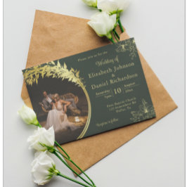 Elegant Classic Gold, Green Photo Wedding Kaart