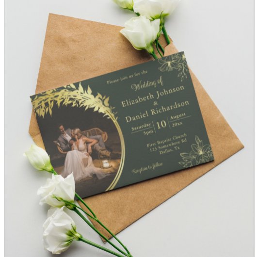 Elegant Classic Gold, Green Photo Wedding Kaart