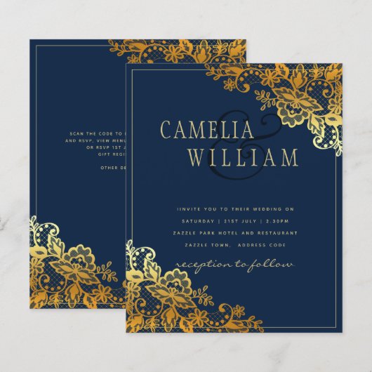 Elegant Classic Gold Lace Blue Wedding Invite (Voorkant / Achterkant)