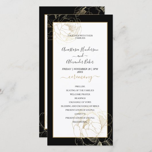 Elegant Classic Gold Roos Wedding Program kaart. (Voorkant / Achterkant)
