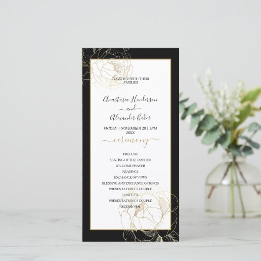 Elegant Classic Gold Roos Wedding Program kaart. (Staand voorkant)