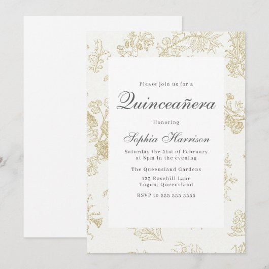  Elegant Classic Gouden Bloemen Quinceanera Kaart (Voorkant / Achterkant)