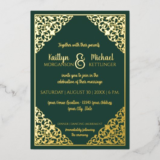 Elegant Classic  Green in Gold Foil Wedding Folie Uitnodiging (Voorkant)