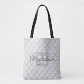 Elegant Classic Grijs & Wit Damast Monogram & Naam Tote Bag (Voorkant)