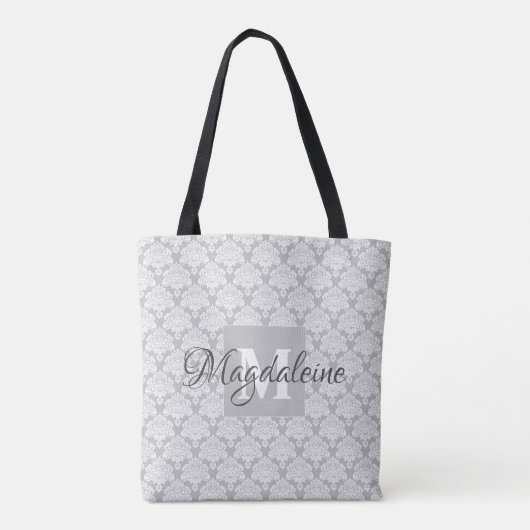 Elegant Classic Grijs & Wit Damast Monogram & Naam Tote Bag (Achterkant)
