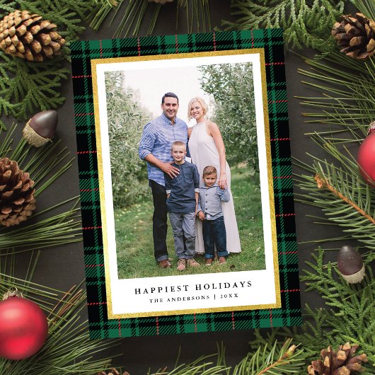 Elegant Classic Groen Tartan Goud Lijst Foto Feestdagenkaart